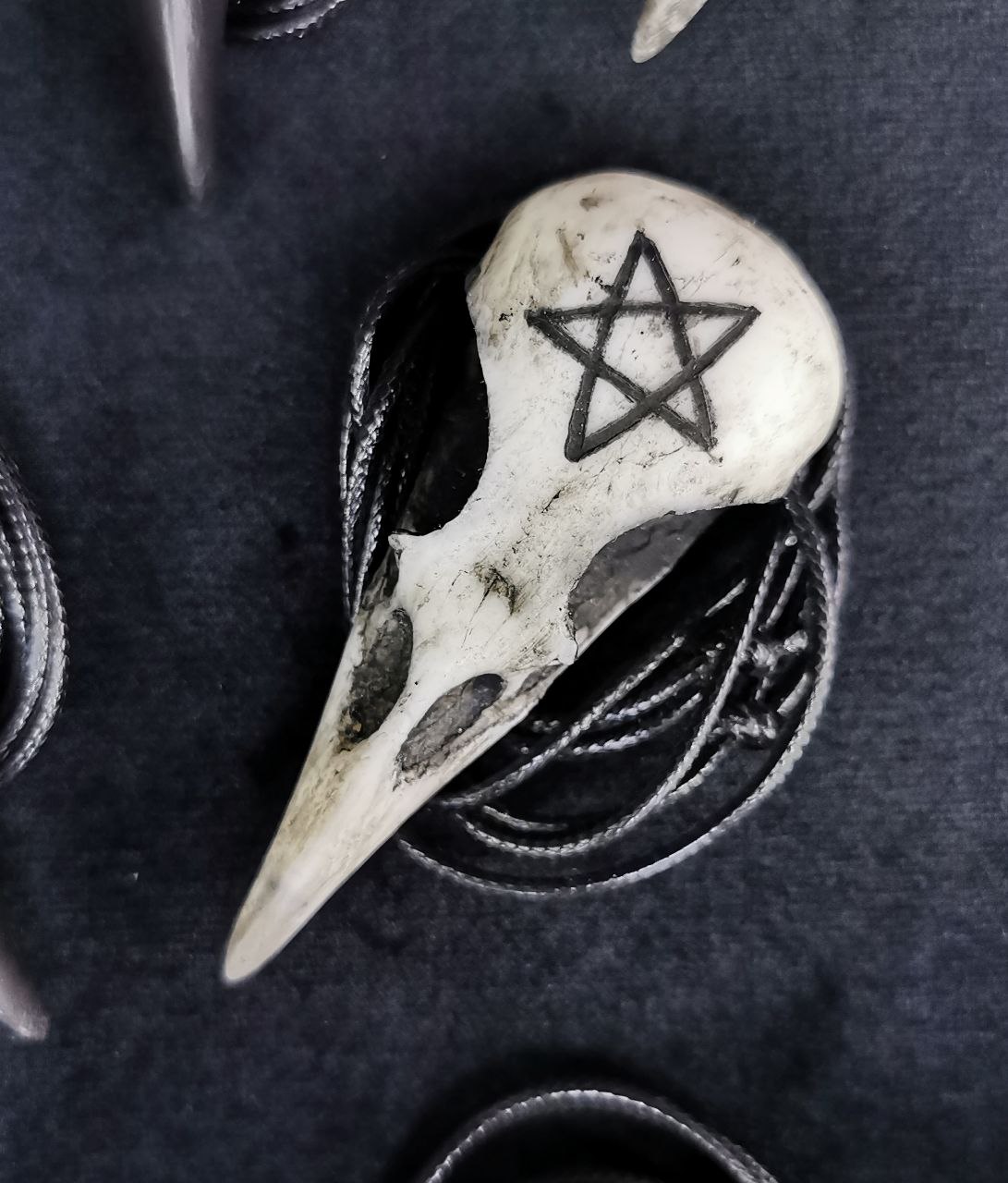 Mystery Creation Kette Rabenschädel medium weiß mit Pentagramm