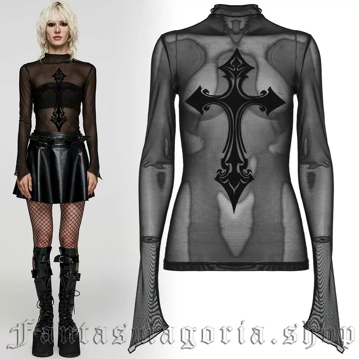 Punk Rave Gothic Cross Mesh Longsleeve