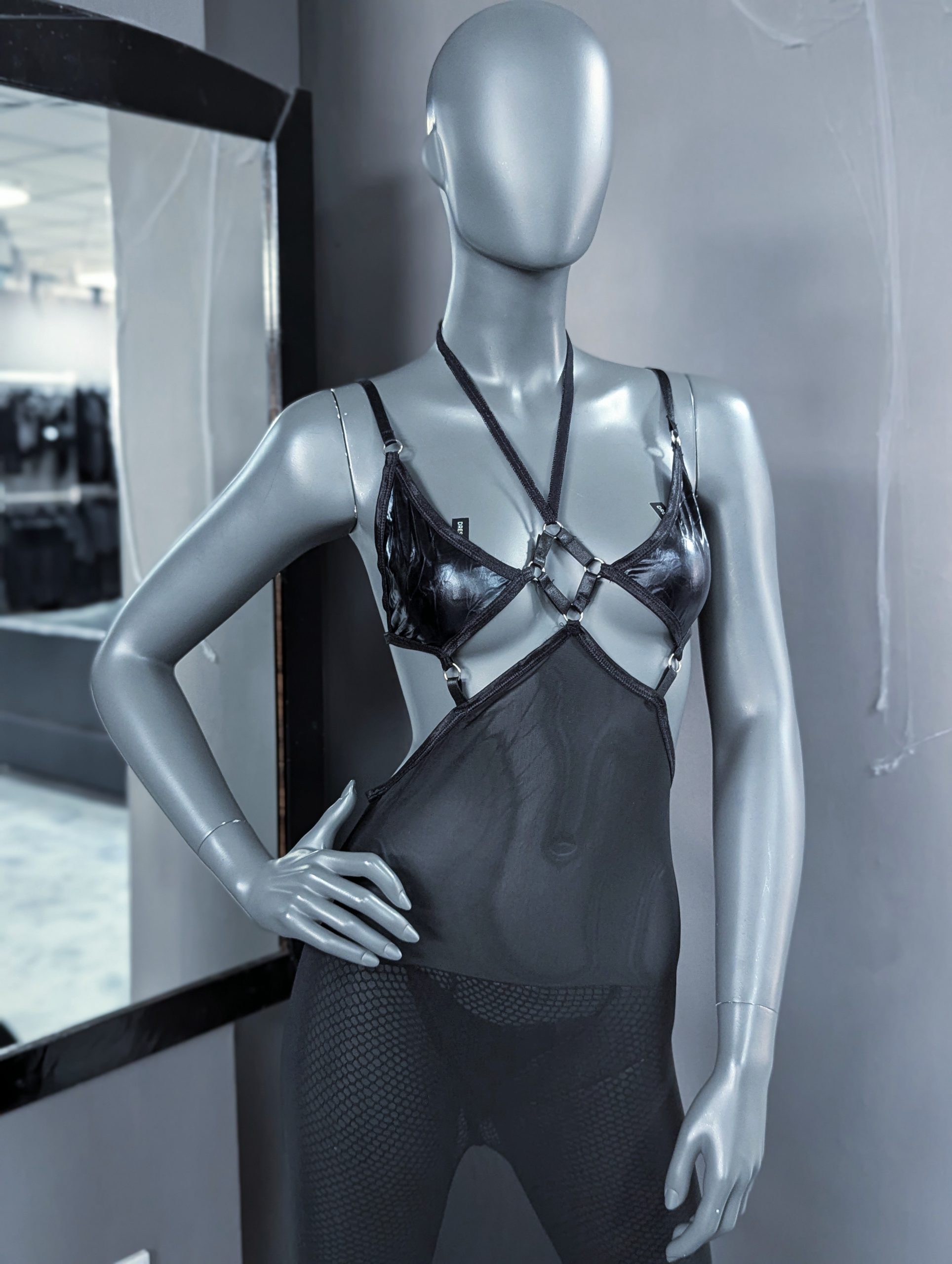 Black Mesh Dress with Straps - Image 3